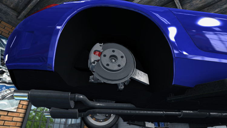 Brake disc, pads, and calliper mounted on a car in Car Mechanic Simulator 2015.