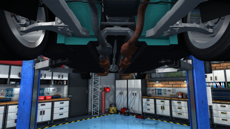 This exhaust system shows heavy damage before being replaced in Car Mechanic Simulator 2015.