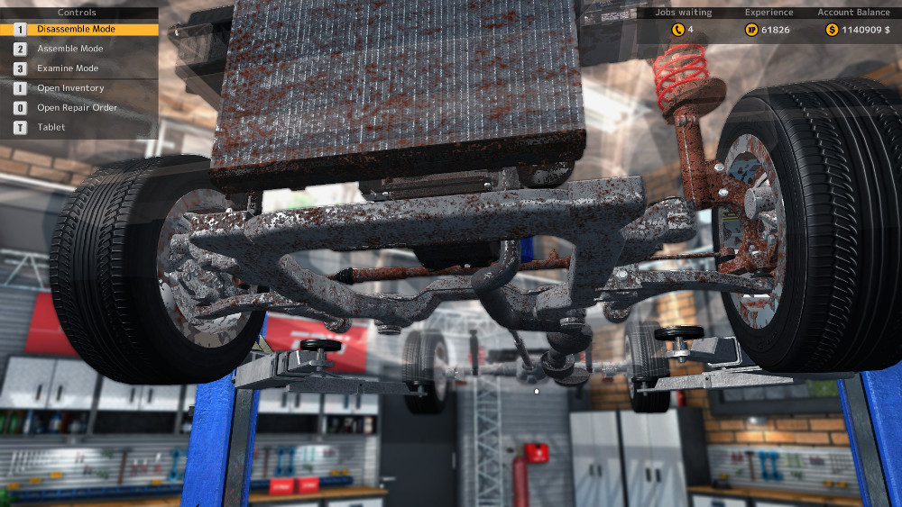 In this image from Car Mechanic Simulator 2015 we can see that the vehicle has many faulty steering and suspension parts.
