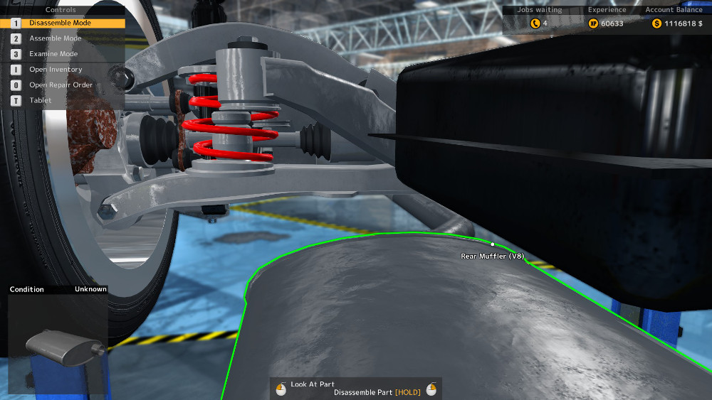 This image shows a difficult to see but badly damaged rear end sway link in Car Mechanic Simulator 2015.