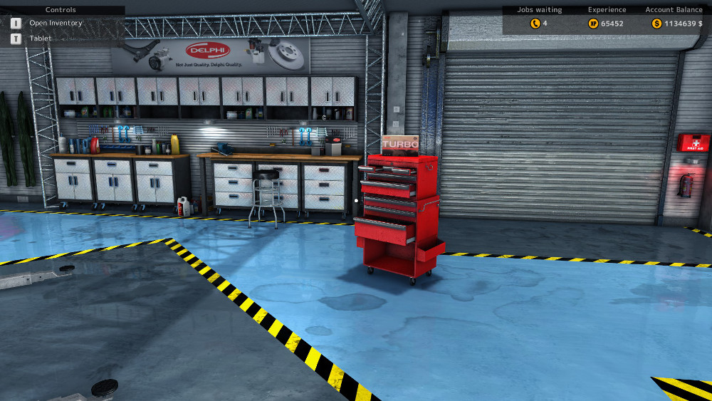The Repair Bench is the very first bench to the left of the main bay doors in Car Mechanic Simulator 2015. Various tool boxes are scattered about the garage, which  allow you to purchase tools and upgrades.