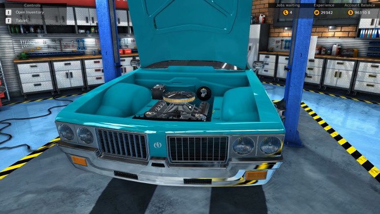 This is the Bolt Hellcat as seen from the front with the hood up and the engine visible in Car Mechanic Simulator 2015. As you can see, this car looks much nicer after the rebuild.