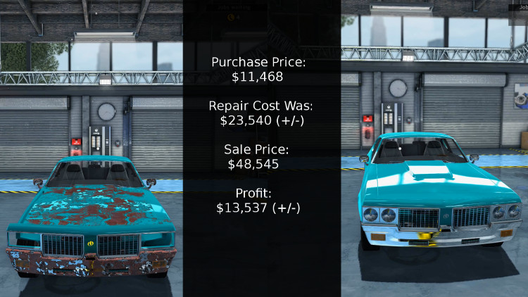 Here we see the Bolt Hellcat from Car Mechanic Simulator 2015 both before and after the rebuild. There is a also a cost vs profit breakdown to show the potential value in rebuilding these cars.