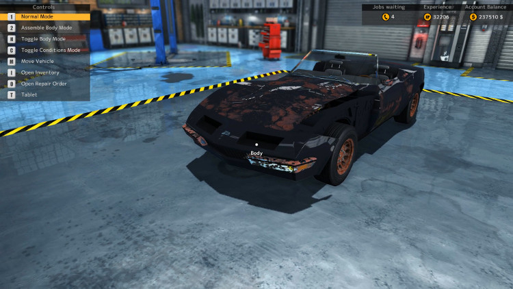 It is easy to tell the car is in bad shape in this front side view of the Bolt Reptilia from Car Mechanic Simulator 2015. Parts of the body are missing, and the parts that are present are in terrible condition.