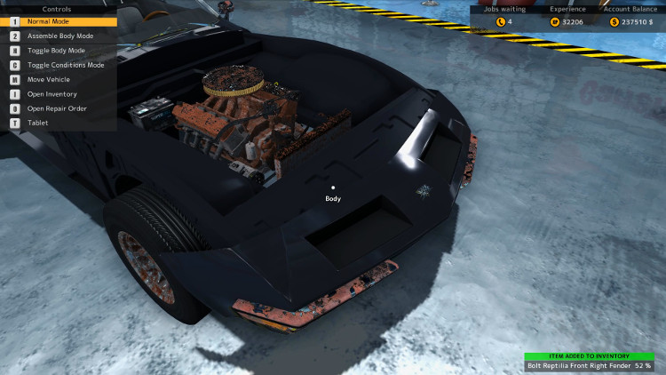 In this view of the Bolt Reptilia from Car Mechanic Simulator 2015, the engine compartment and badly damaged engine are visible.