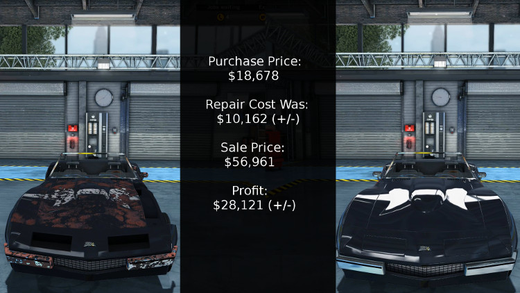 This shows the cost vs profit results from rebuilding the Bolt Reptilia in Car Mechanic Simulator 2015.