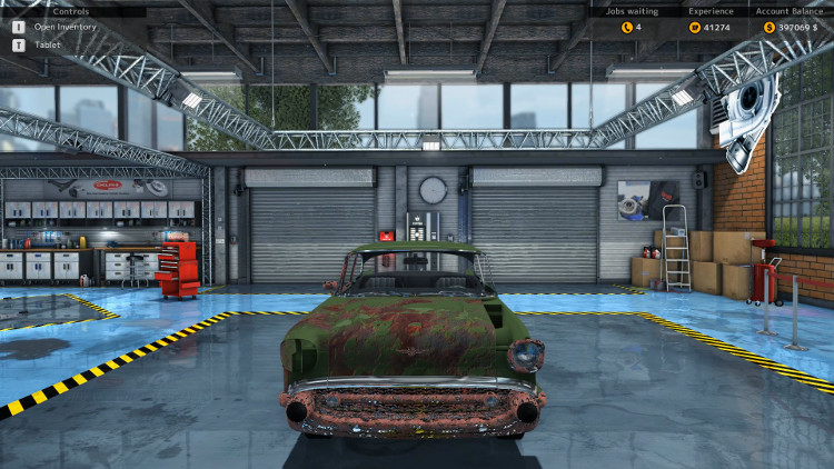 In this frontal view of the Delray Custom from Car Mechanic Simulator 2015, the extreme body damage is clearly visible.