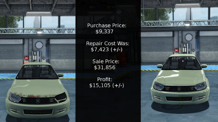 The cost vs profit breakdown of rebuilding a Katagiri Katsumoto in Car Mechanic Simulator 2015.