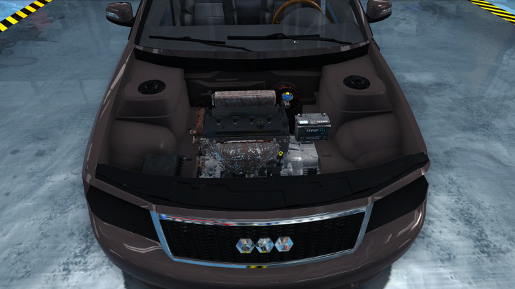 Here we can see the engine compartment of the Mayen M6 from Car Mechanic Simulator 2015 before the rebuild. Some of the visible parts are clearly damaged.