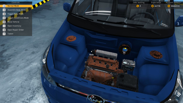 This pre-rebuild view of the engine compartment shows a good amount of damage to this Rino Piccolo from Car Mechanic Simulator 2015.