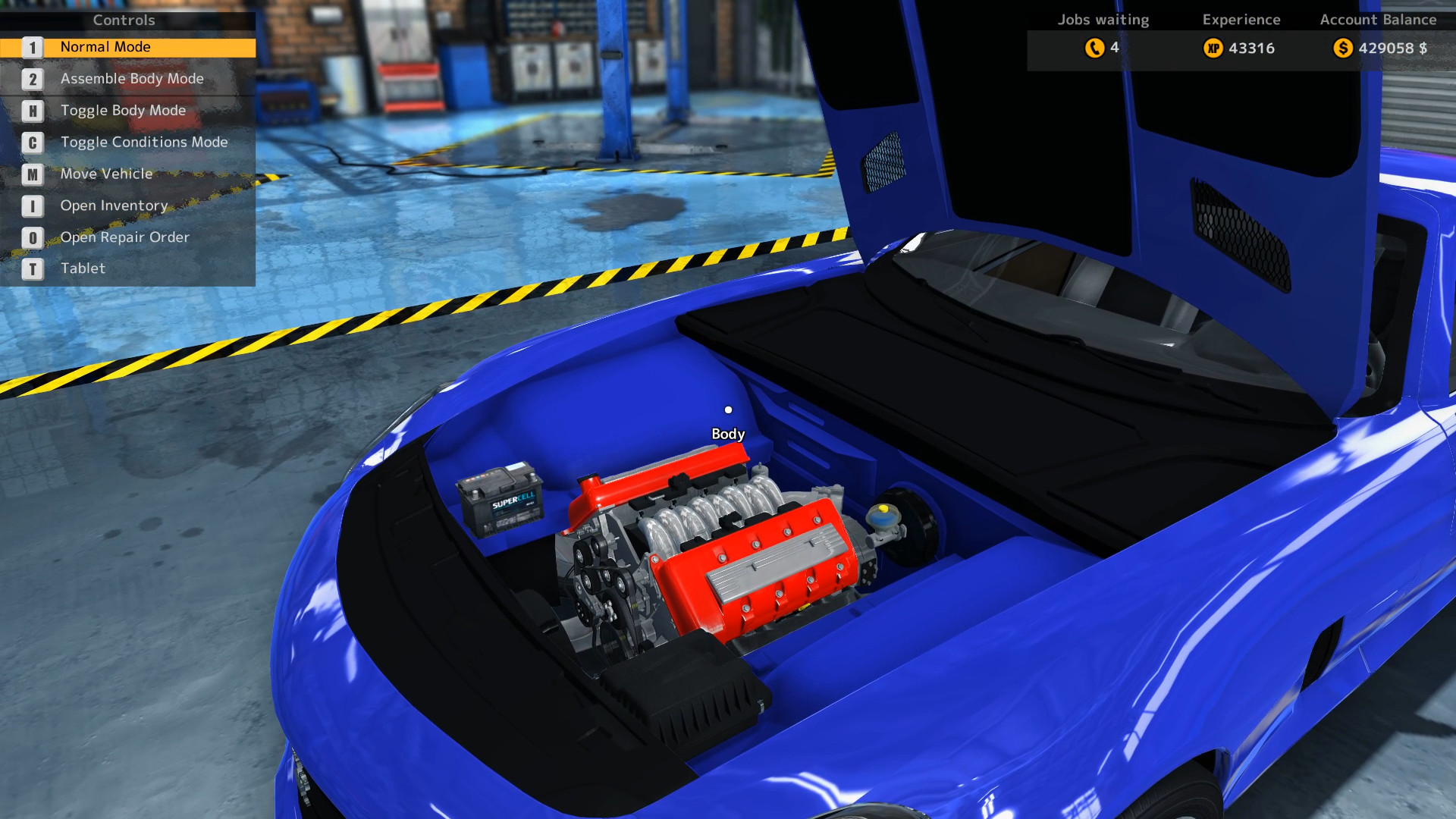 Engine compartment view of the Royal GTR after a complete rebuild in Car Mechanic Simulator 2015.