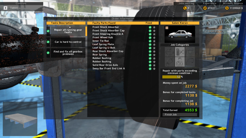 Shocks, leaf spring components, and rubber bushings make up the majority of the running gear faults on this repair order from Car Mechanic Simulator 2015.
