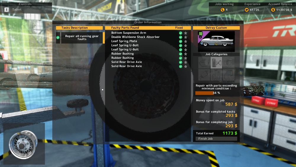 Drive axles and leaf components are the bulk of the issues on this repair order from Car Mechanic Simulator 2015.