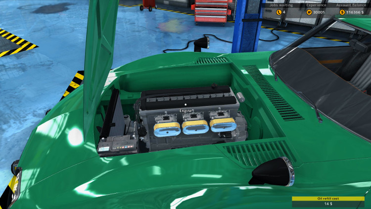 After a full rebuild, the engine and engine compartment of the Sakura GT20 from Car Mechanic Simulator 2015 look great.