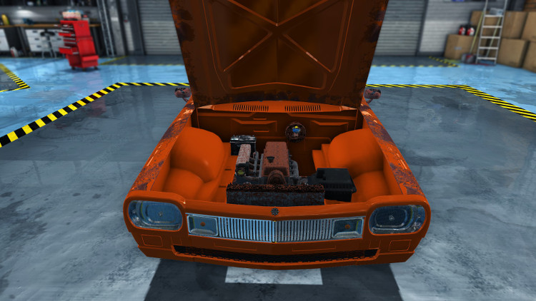 In this engine compartment view of the Salem Flamo from Car Mechanic Simulator 2015 before rebuild, it is clear that several of the engine components are badly rusted.