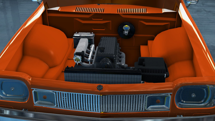 After the rebuild, this engine compartment view of the Salem Flamo from Car Mechanic Simulator 2016 shows an engine and its components all shiny and new. They are in perfect condition.