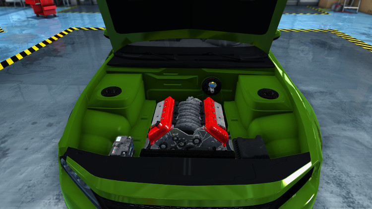 In this before rebuild view of the engine compartment only minor damage is visible on this Salem Spectre from Car Mechanic Simulator 2015.